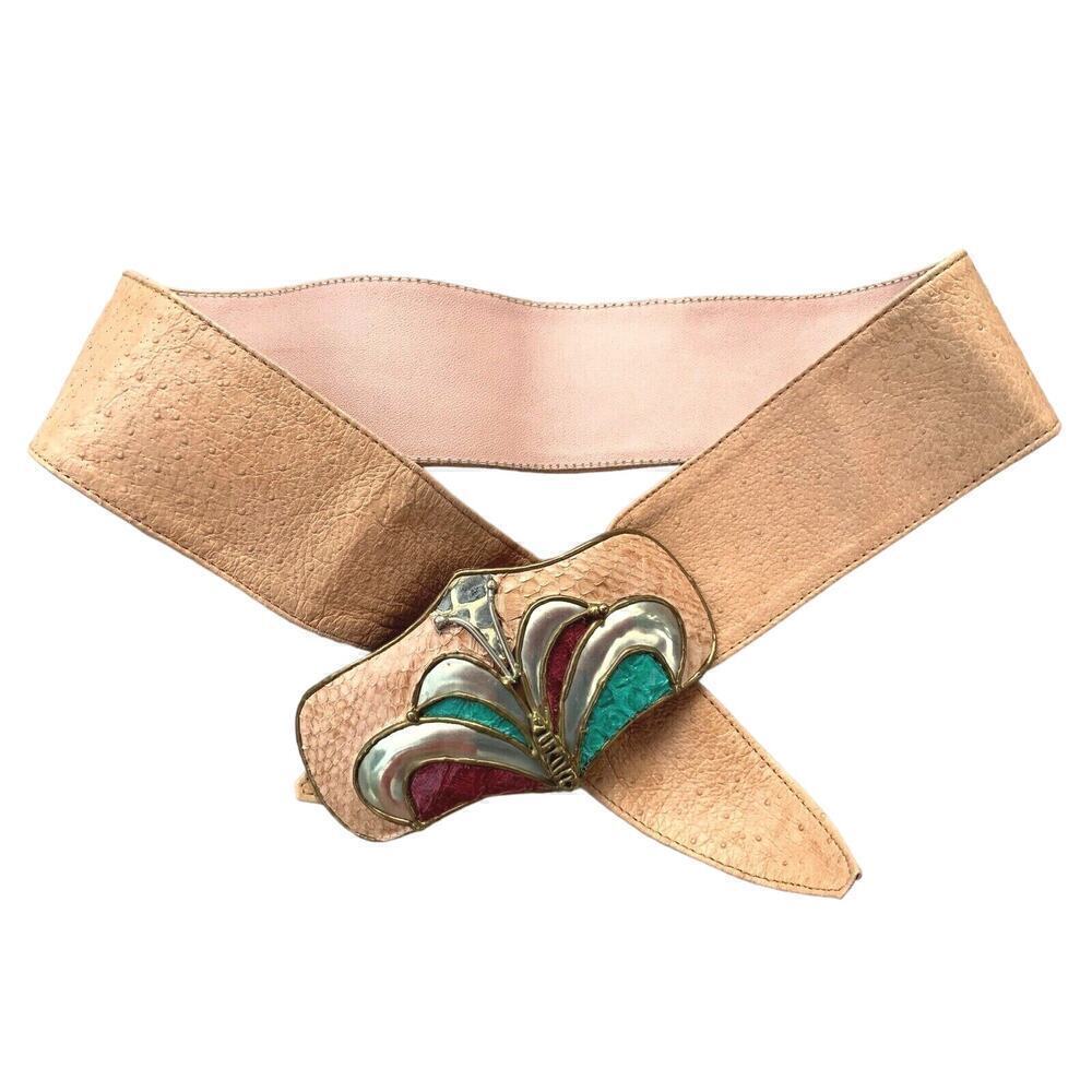 Genuine Blush Fleshtone Leather 80s Womens Belt Pigskin BIG Enameled Deco buckle